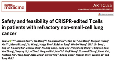 卢铀教授团队发布世界首个CRISPR基因编辑临床试验数据 研究证实CRISPR编辑T细胞治晚期肺癌安全可行